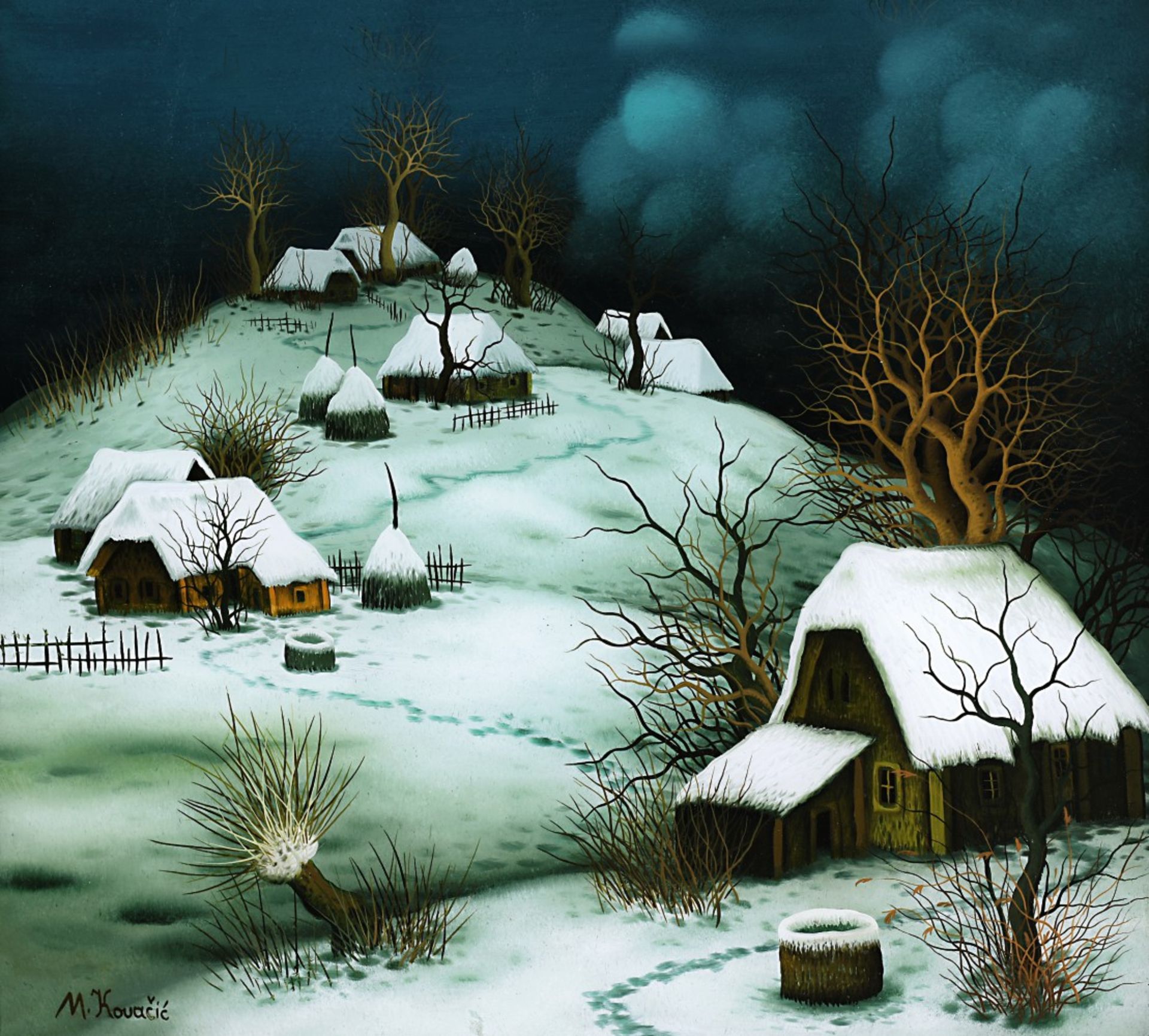 Kovacic, Mijogeb. 1935 KroatienWinterlandschaftÖl / Hinterglas41,5 x 44,5 cm L. u. signiert.