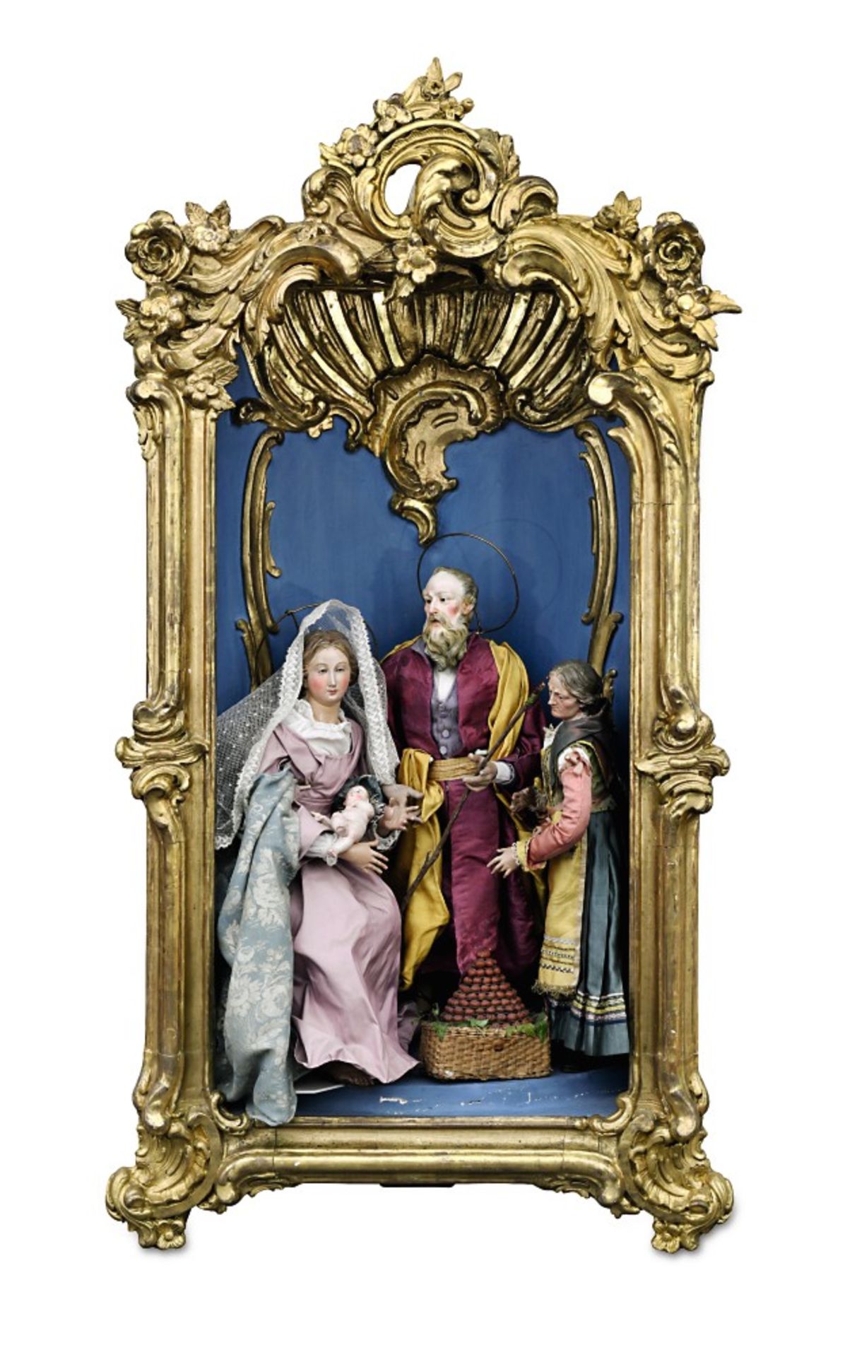 Vier Krippenfiguren: Hl. Familie und BäuerinNeapel, 20. Jh.Terrakotta-Köpfe, -hände- und -füße,