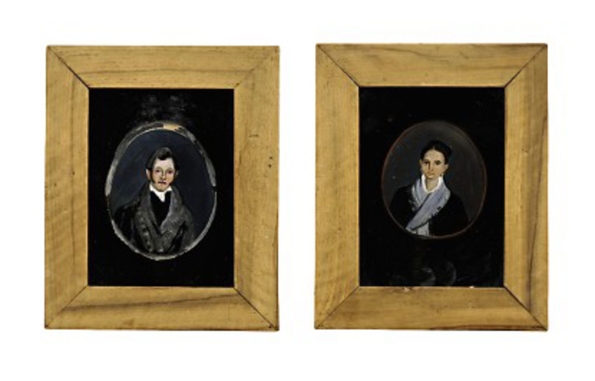 Zwei Hinterglasbilder: Damen- und Herrenporträt