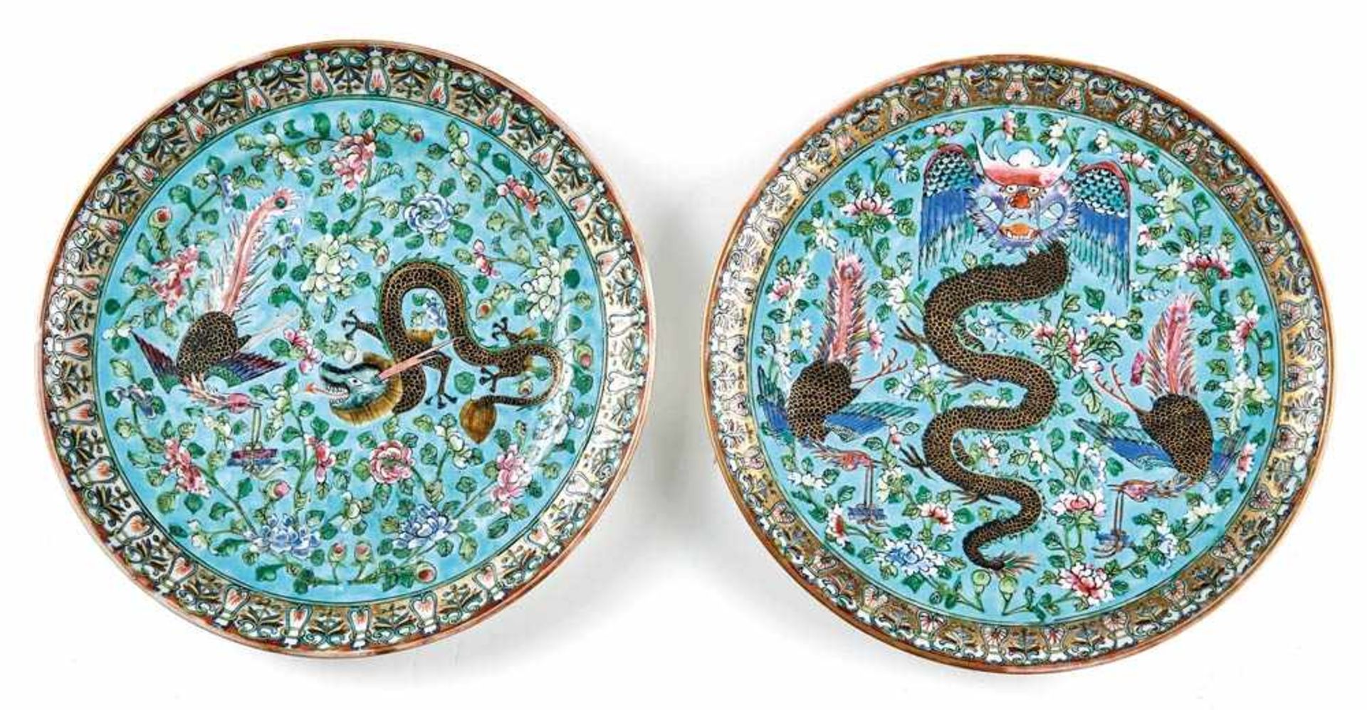 Two Plates with Dragon and Phoenix Decoration