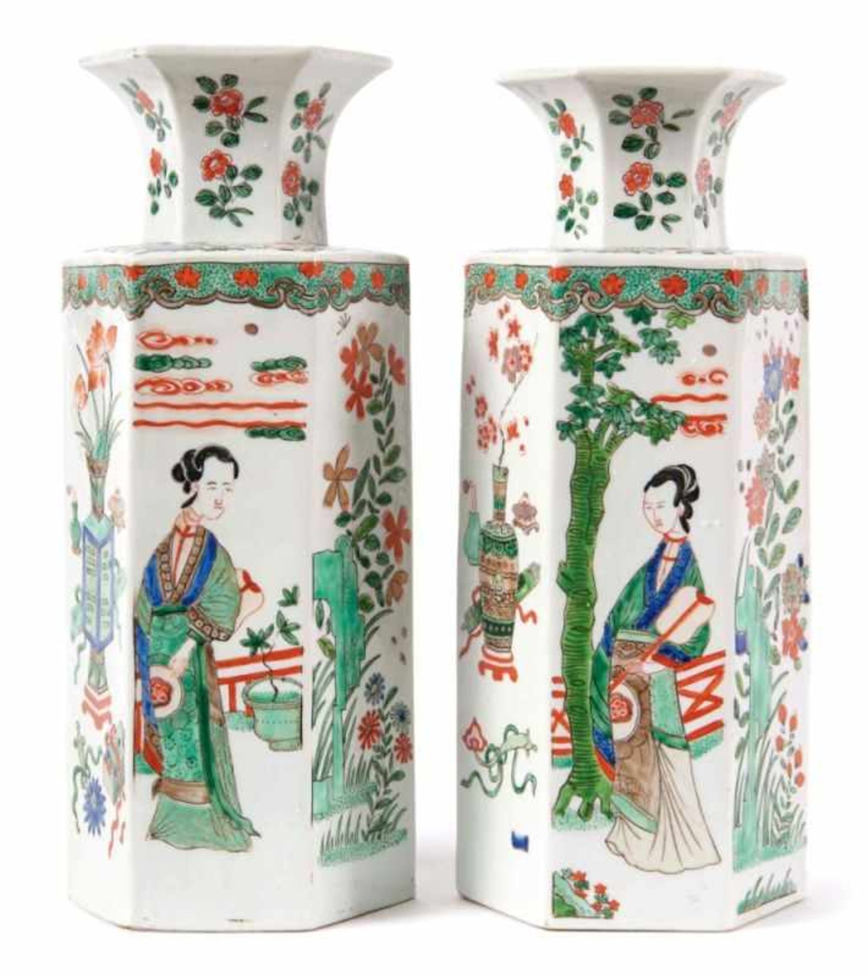 Pair of ''Famille verte'' hexagonal Vases