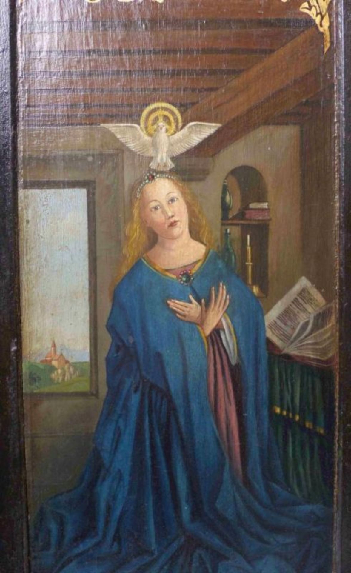Two side panels of a winged altar with Annunciation and Saints - Image 6 of 13