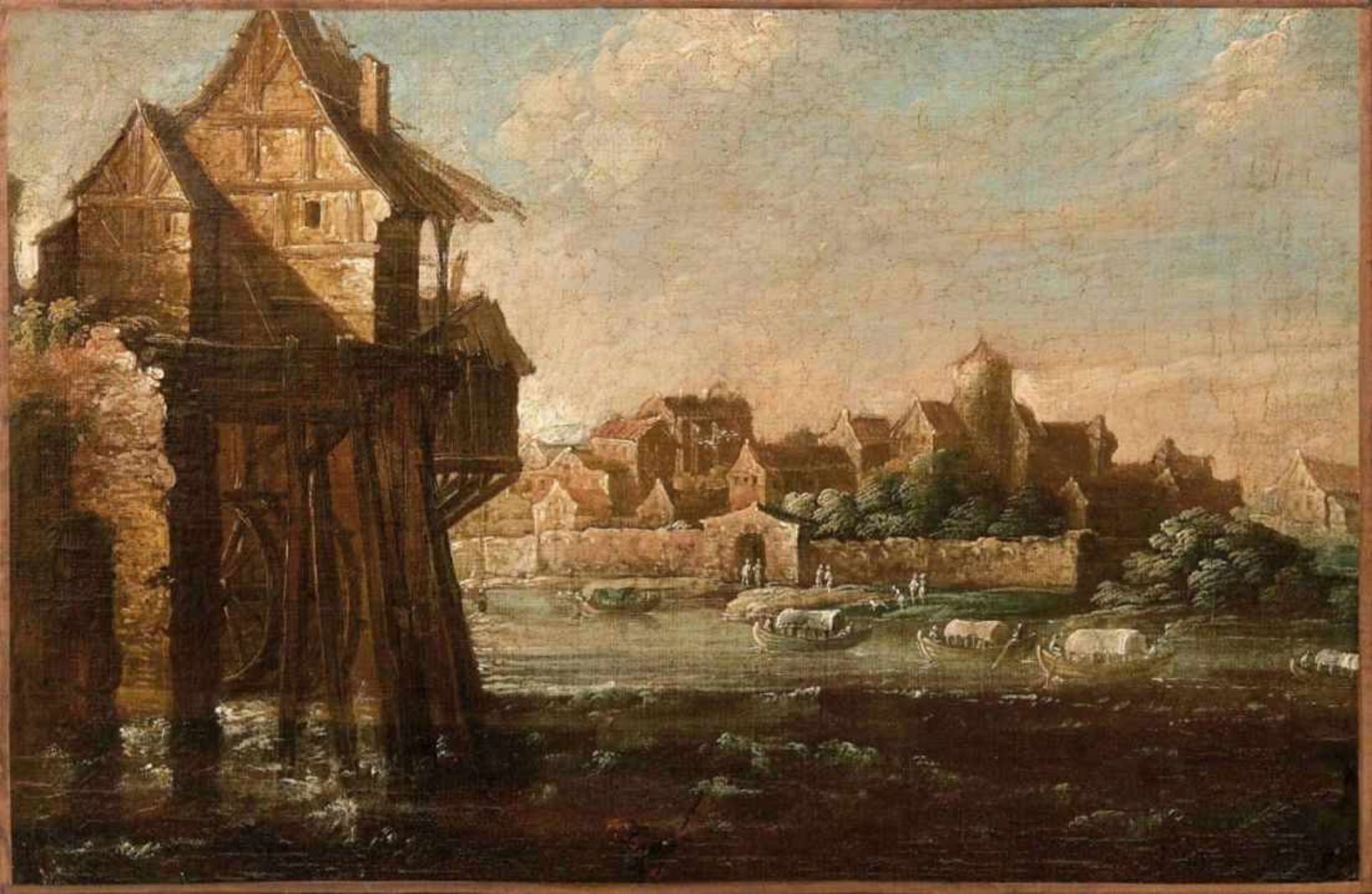 River Landscape with View of a Town and landing Boats