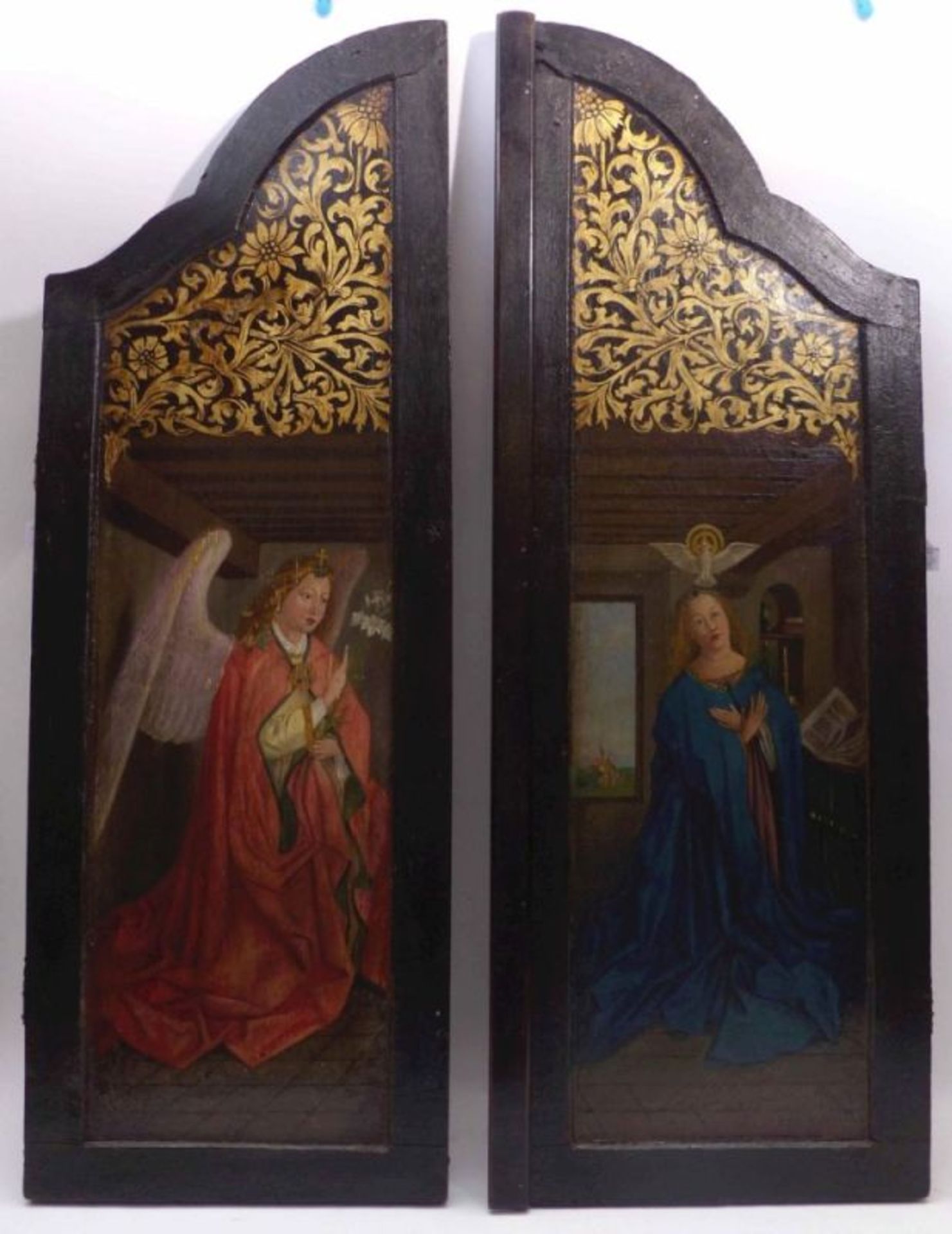 Two side panels of a winged altar with Annunciation and Saints - Image 2 of 13