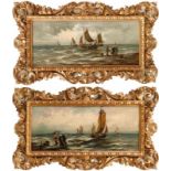 Two Paintings with Fishing Boats on the Seashore