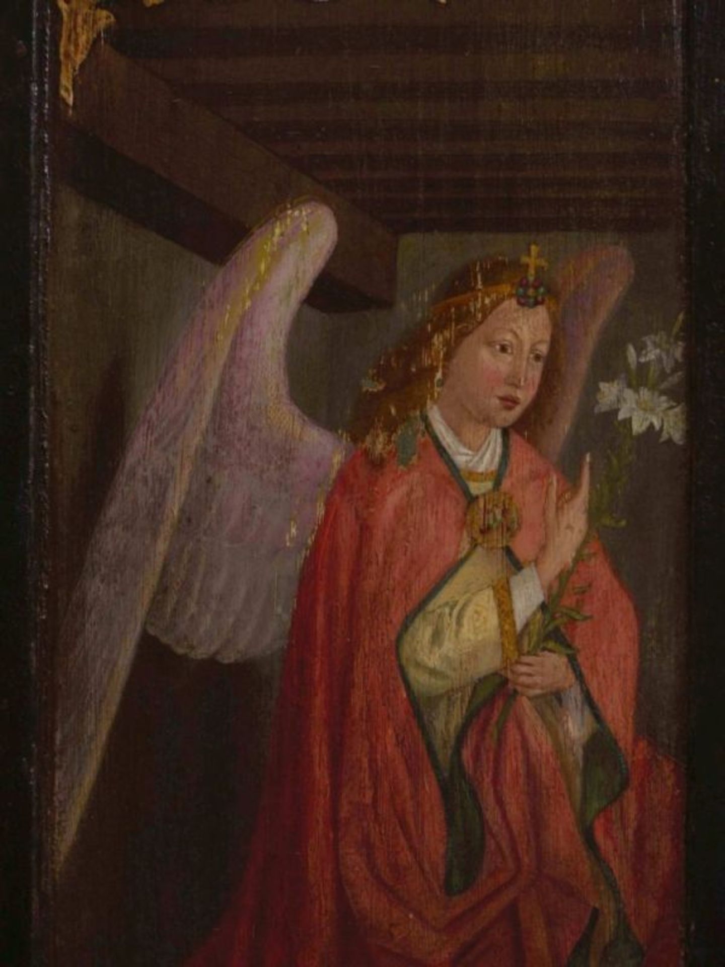 Two side panels of a winged altar with Annunciation and Saints - Image 3 of 13