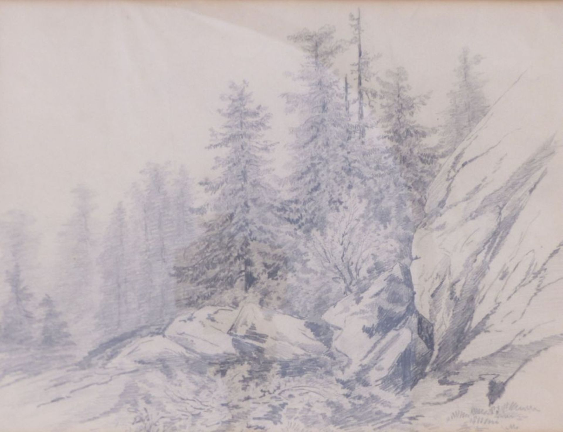 Waldlandschaft mit Felsen19. Jh.Bleistift. Verso bezeichnet "A. Calame Handzeichnung". Sichtmaß 24 x