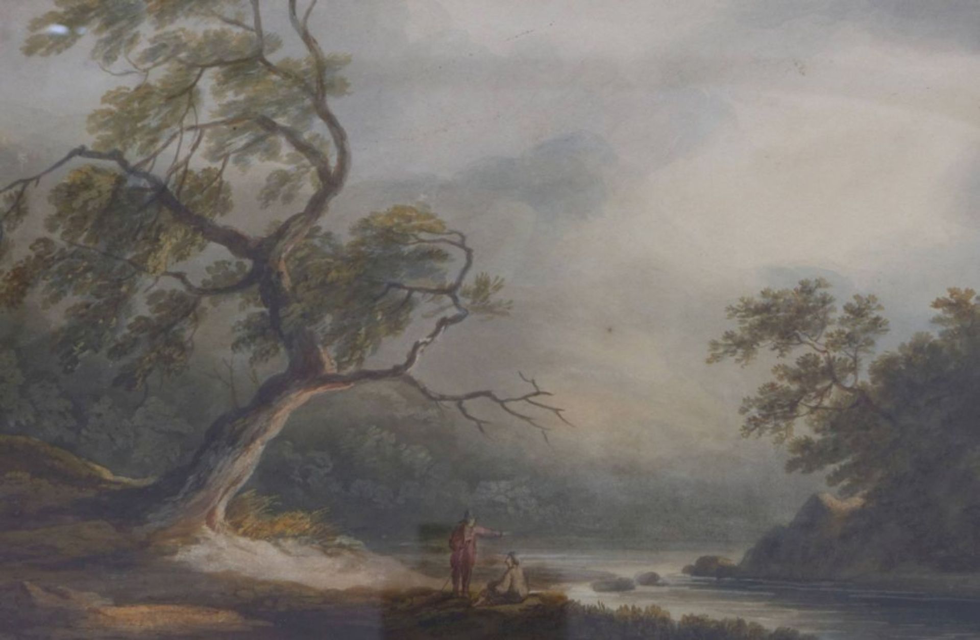 Flusslandschaft mit ruhenden WanderernEnglische Schule des frühen 19. JahrhundertsAquarell. Sichtmaß