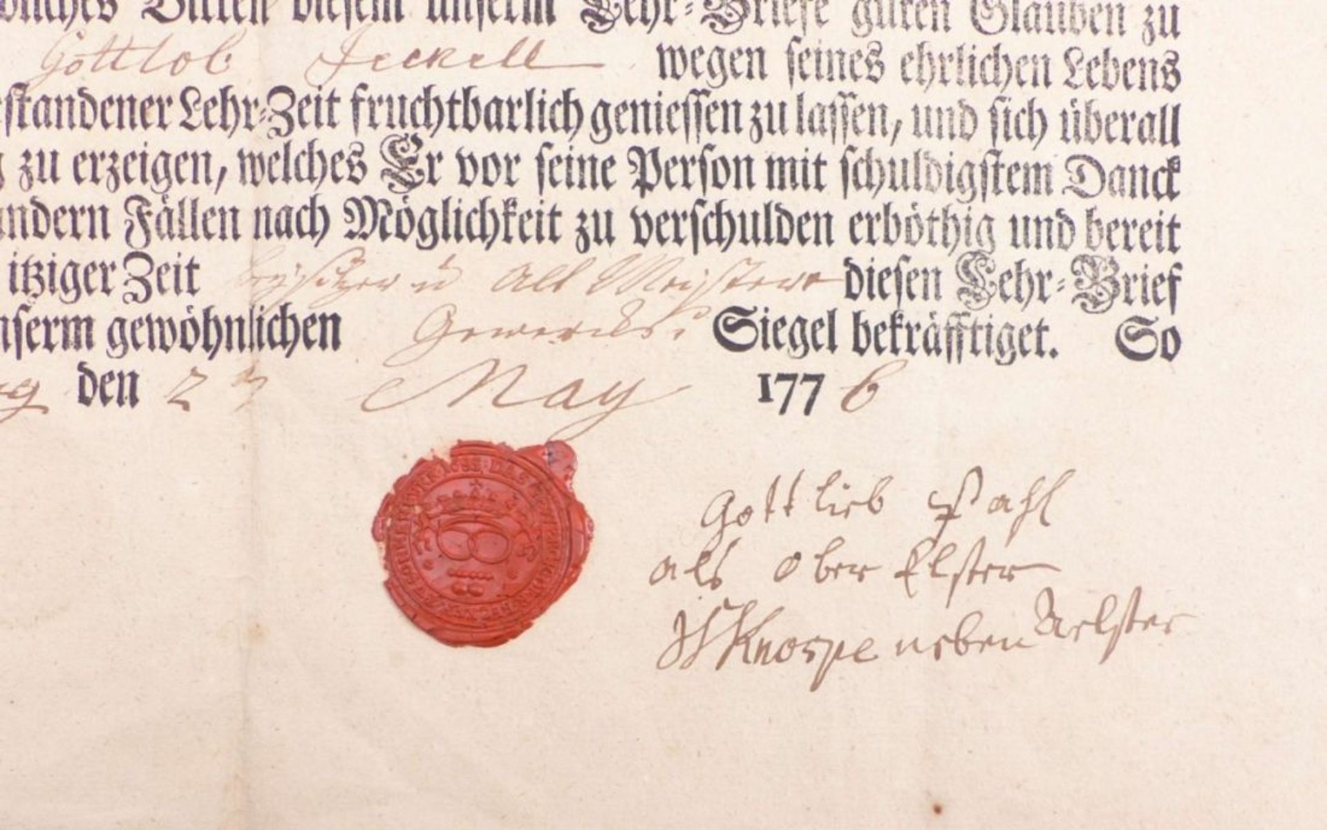 Lehrbrief der BäckerzunftSonnenburg (Brandenburg), 1776Gedrucktes Formular mit handschriftlichen - Bild 3 aus 5