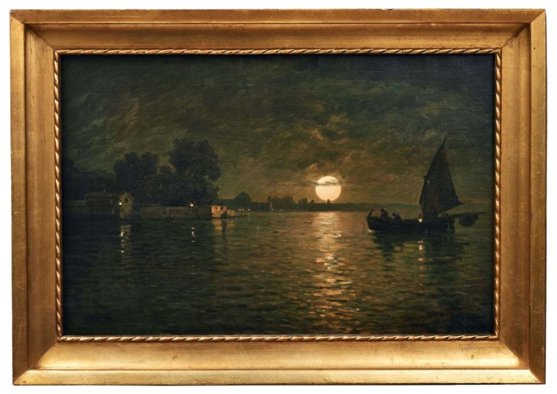 Fragiacomo, PietroFischerboot in der Lagune im Licht des Vollmonds(Triest 1856-1922 Venedig) Öl/Lwd.