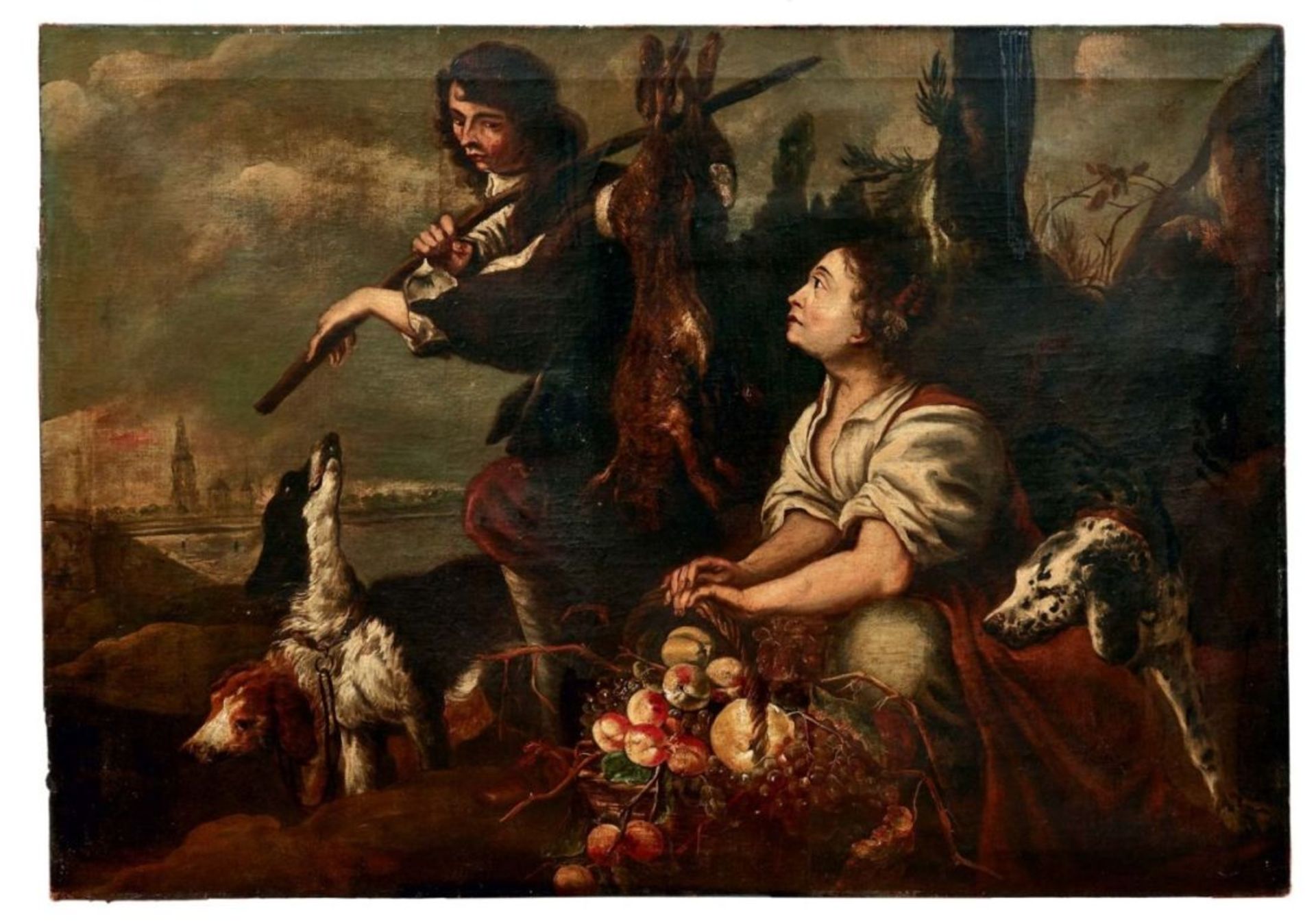 Großes JagdbildFlämischer Meister des 17. JahrhundertsUferlandschaft mit Jäger, erlegten Hasen auf