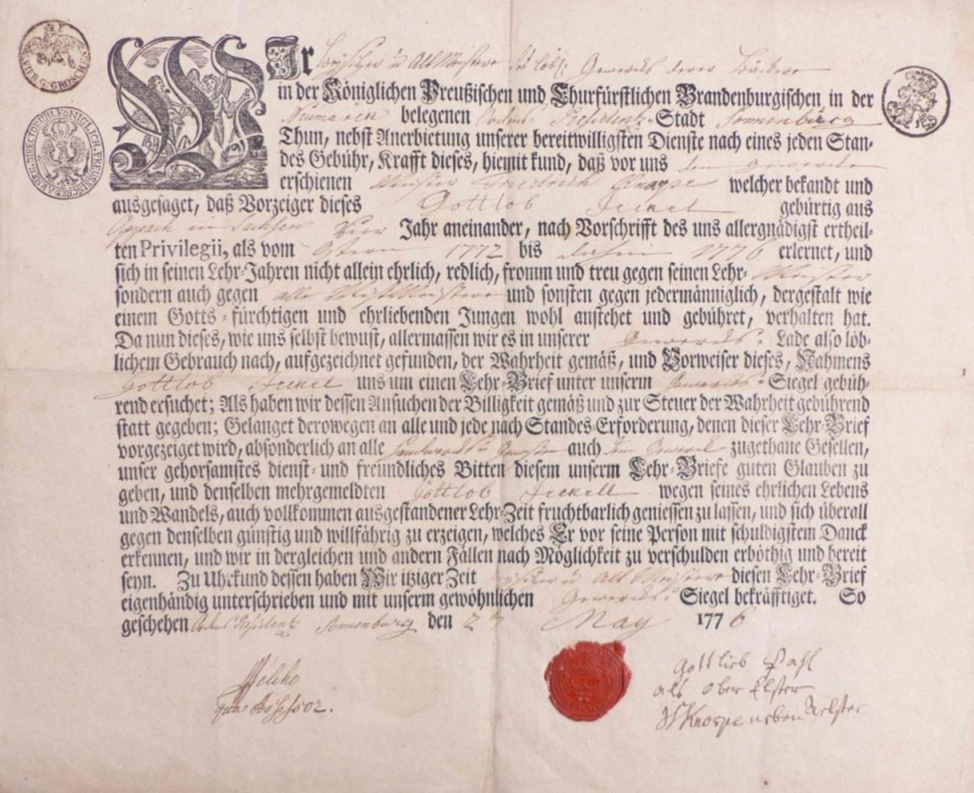 Lehrbrief der BäckerzunftSonnenburg (Brandenburg), 1776Gedrucktes Formular mit handschriftlichen