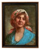 Bildnis einer jungen Bäuerin mit Kopftuch19. Jh.Öl/Lwd. Rechts unten undeutl. sign. 46 x 36 cm. -
