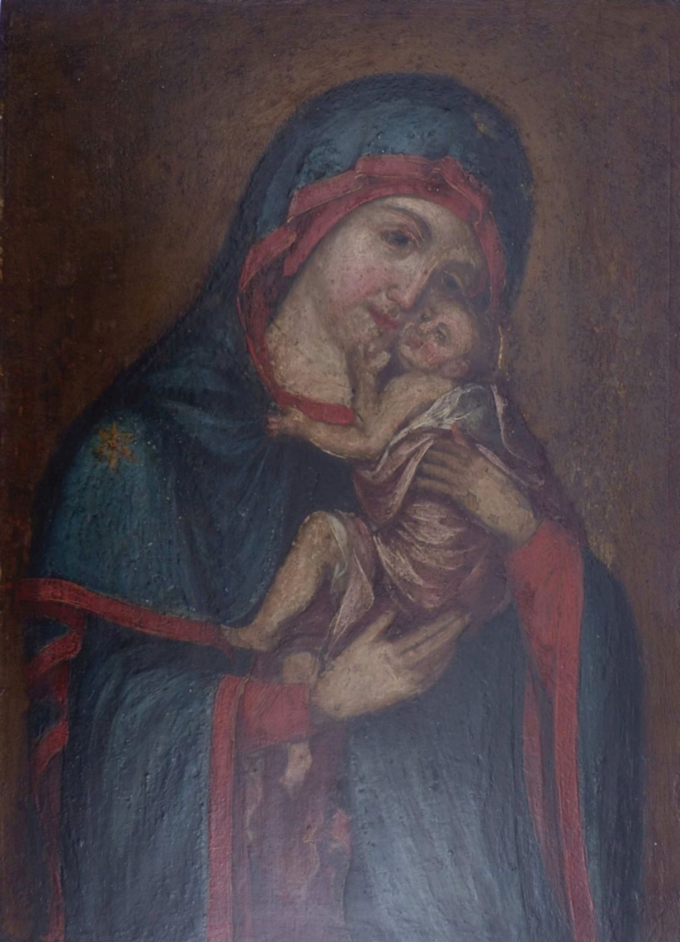 Gottesmutter Glykophilusa18. Jh.Das Jesuskind eng angeschmiegt an seine Mutter Maria. Öl/