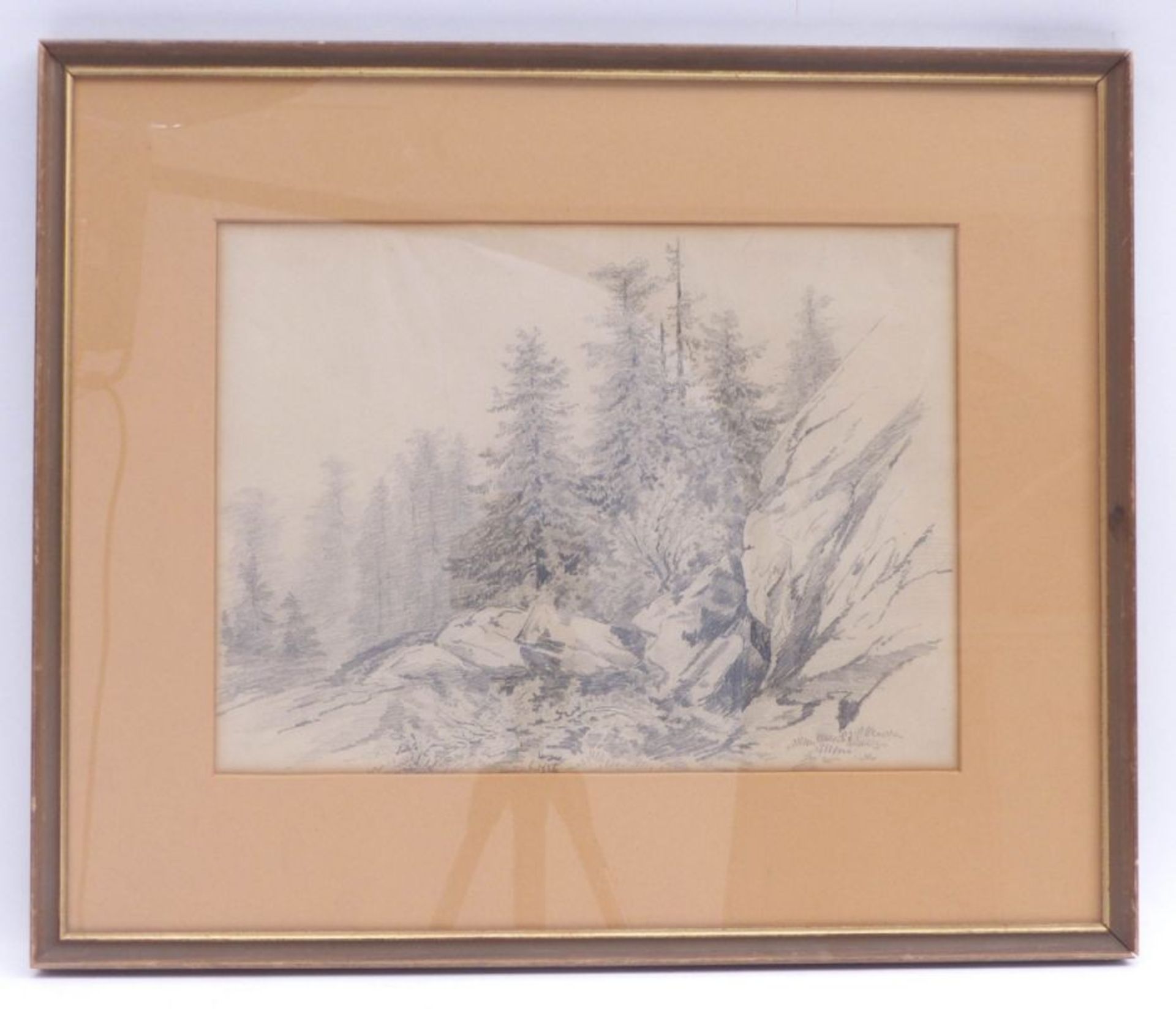 Waldlandschaft mit Felsen19. Jh.Bleistift. Verso bezeichnet "A. Calame Handzeichnung". Sichtmaß 24 x - Bild 2 aus 3