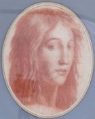 Kopf einer jungen DameFrankreich, 18. Jh.Rötelzeichnung. Auf dem Passepartout bezeichnet und datiert