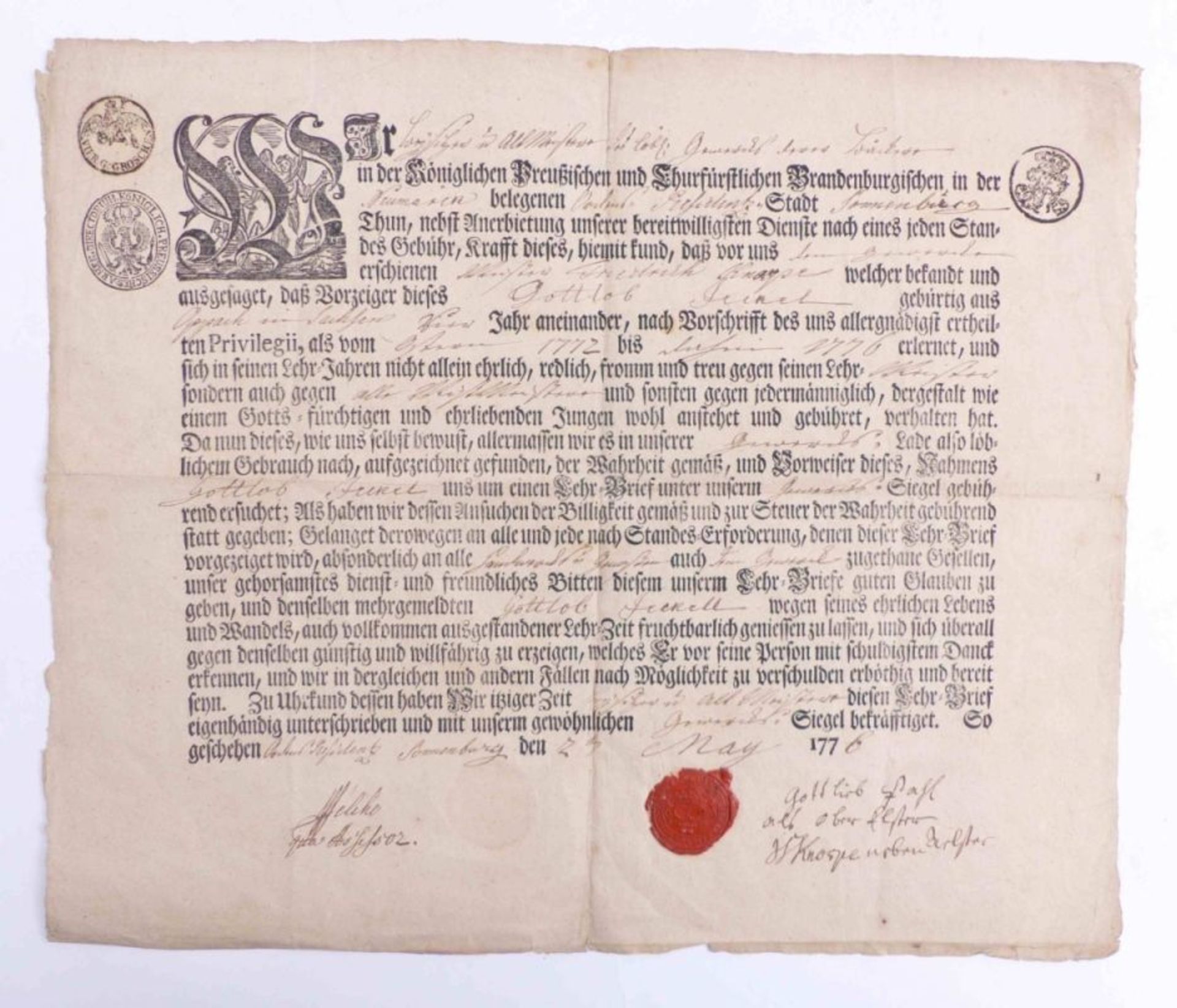 Lehrbrief der BäckerzunftSonnenburg (Brandenburg), 1776Gedrucktes Formular mit handschriftlichen - Bild 2 aus 5