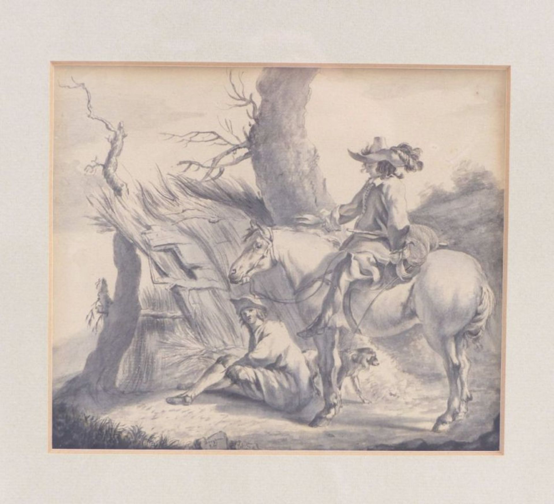 Berchem, Nicolaes (Attrib.)Reiter mit vor einer Hütte sitzendem Bauern(Haarlem 1620-1683 - Image 3 of 3