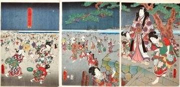 Utagawa Kunisada (Toyokuni III.)Triptychon mit Muschelsammeln am Strand von Akashi(Katsushika 1786-