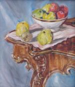 FrüchtestilllebenModerner Maler des 20. JahrhundertsSchale mit Äpfeln auf der Ecke eines