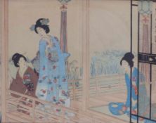 Toyohara ChikanobuDiptychon mit drei Frauen auf einer Terrasse(1838-1912) Farbholzschnitt aus