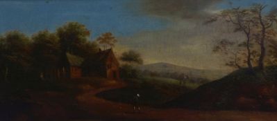 Kleine Landschaft mit Anwesen und Wanderern18. Jh.Öl/Pappe. 16 x 34 cm.Bäume, Bauernhaus,