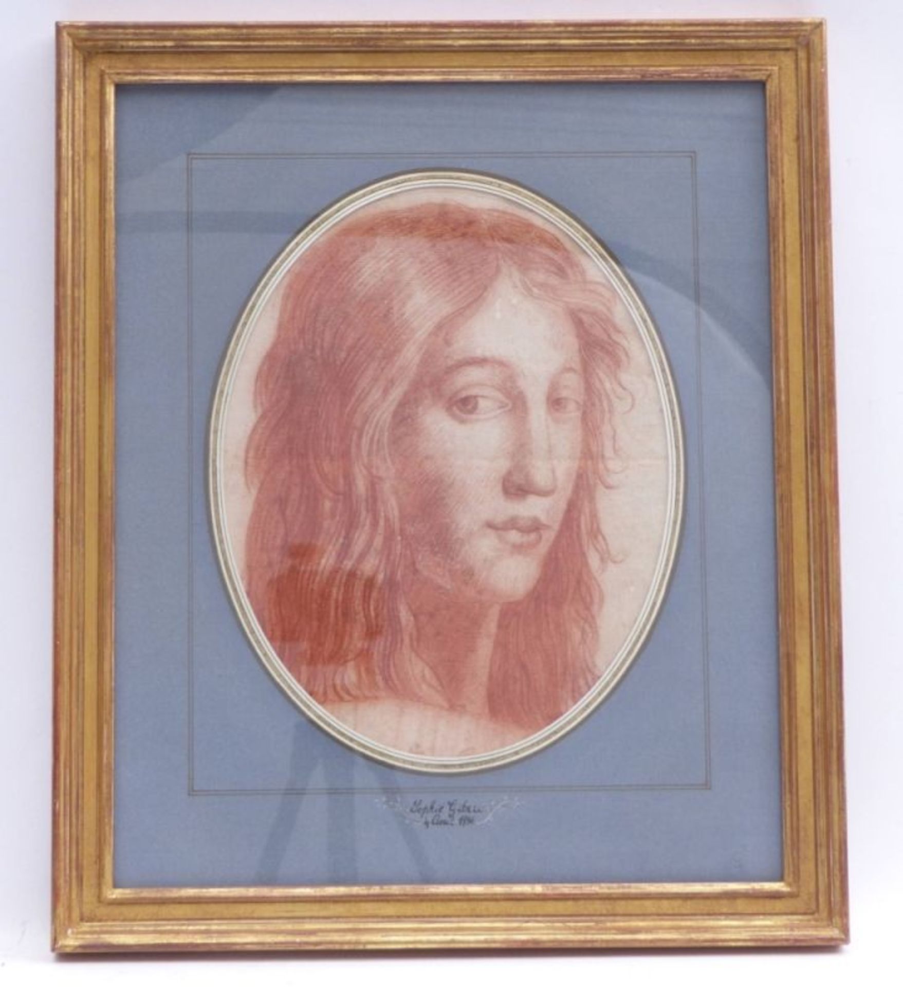 Kopf einer jungen DameFrankreich, 18. Jh.Rötelzeichnung. Auf dem Passepartout bezeichnet und datiert - Bild 2 aus 3