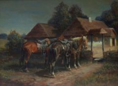 Scheloumoff, Athanas IvanovicPferde vor einem Gutshof(Kamenetz-Podolsk 1892-1983 Starnberg) Öl/