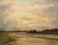 Pennazio, AugustoAbendstimmung am Fluss(Riva 1877-1900 Turin) Öl/Karton. Rechts unten sign. und bez.