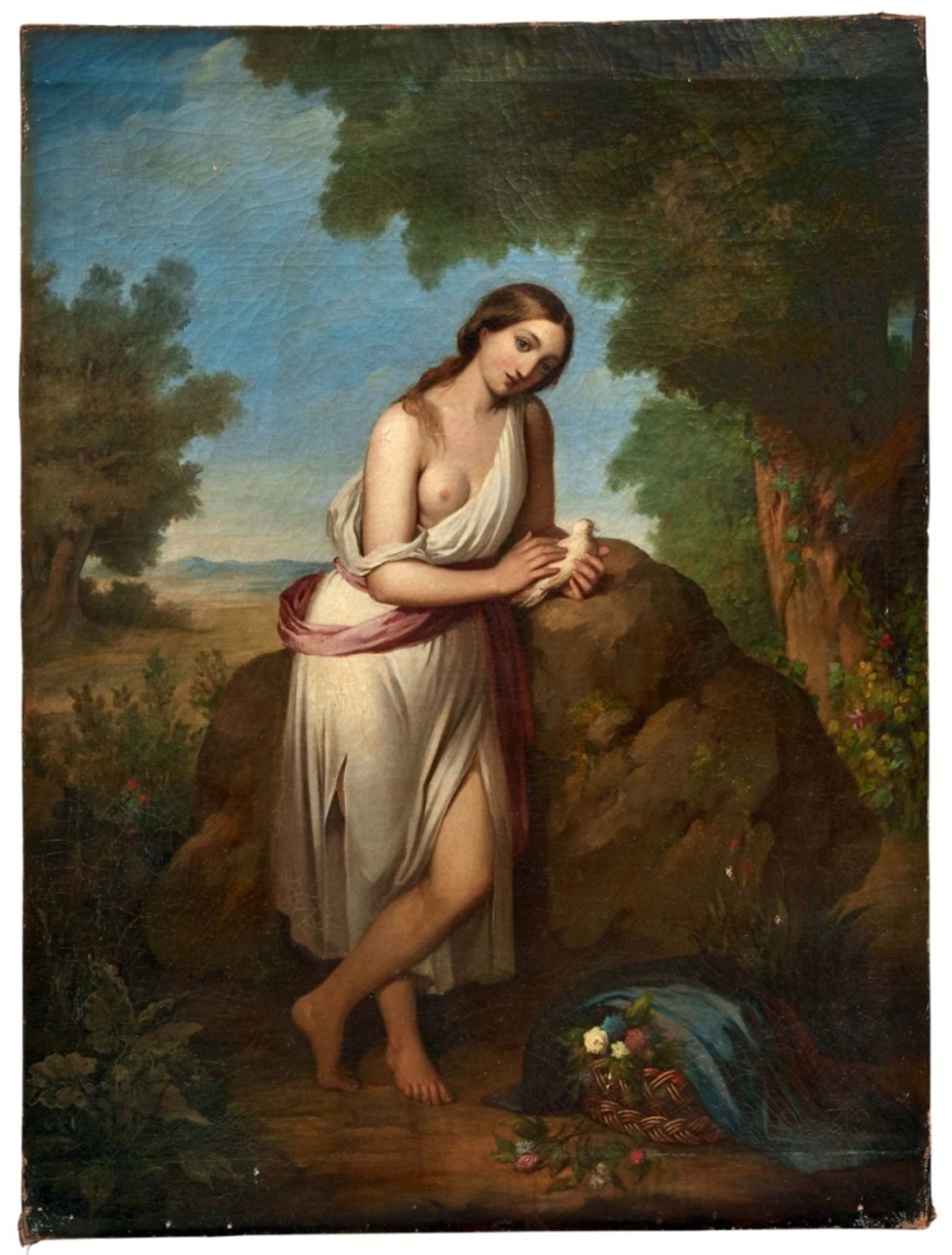 Weibliche Allegorie mit Taube und BlumenkorbUm 1800In Landschaft an einem Felsen stehend. Öl/Lwd.
