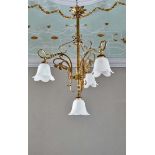 Jugendstil-DeckenlampeFrankreich, um 1900Zentraler Stab mit Blattwerkdekor umgeben von drei