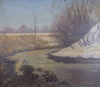 Haug, ChristianWinterlandschaft mit Ente im Bachlauf(Talheim 1878-1942). Öl/Karton. Links unten