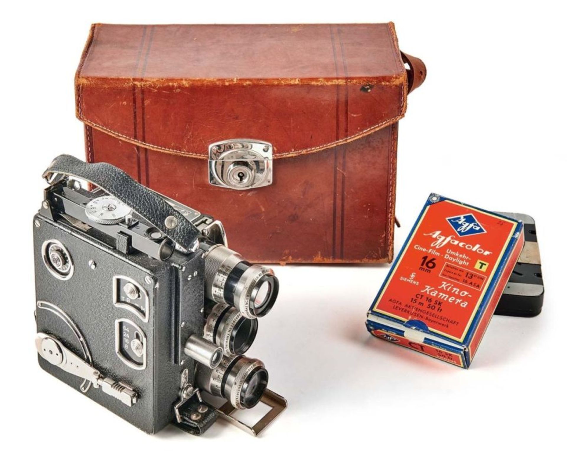 Kinokamera Modell D im LedergehäuseSiemens & Halske AG, Berlin - 193616-mm-Filmkamera mit