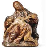 PietàFranken, 17. Jh.Auf Landschaftssockel sitzende Muttergottes, den Leib ihres toten Sohnes