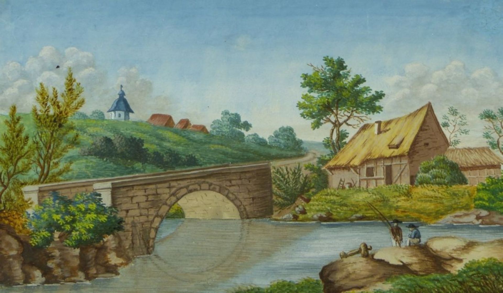 Monogrammist "A.v.C."Kleine Flusslandschaft mit AnglernUm 1800. Gouache. Rechts unten monogrammiert.