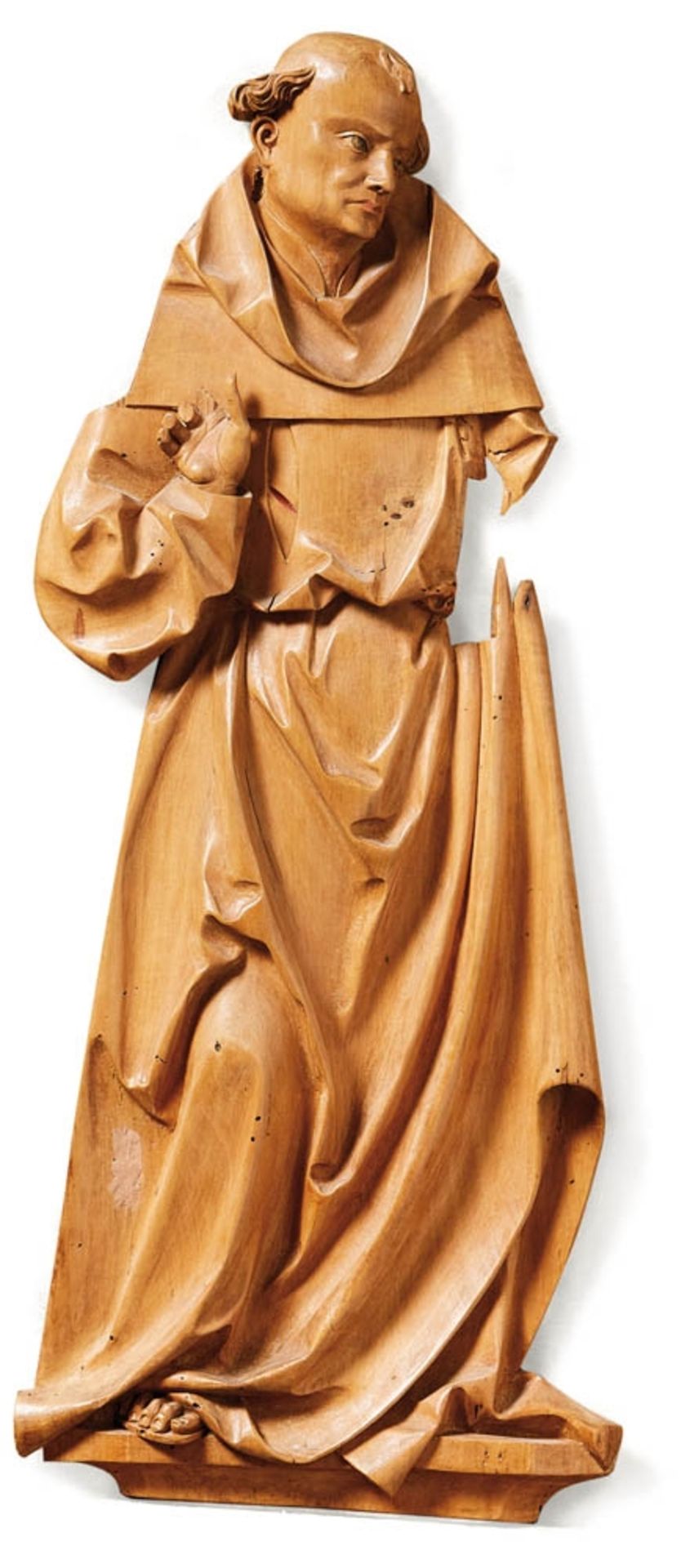 Heiliger MönchFrühes 16. Jh.Reliefierte Darstellung eines Heiligen mit Tonsur in Mönchshabit, Hand