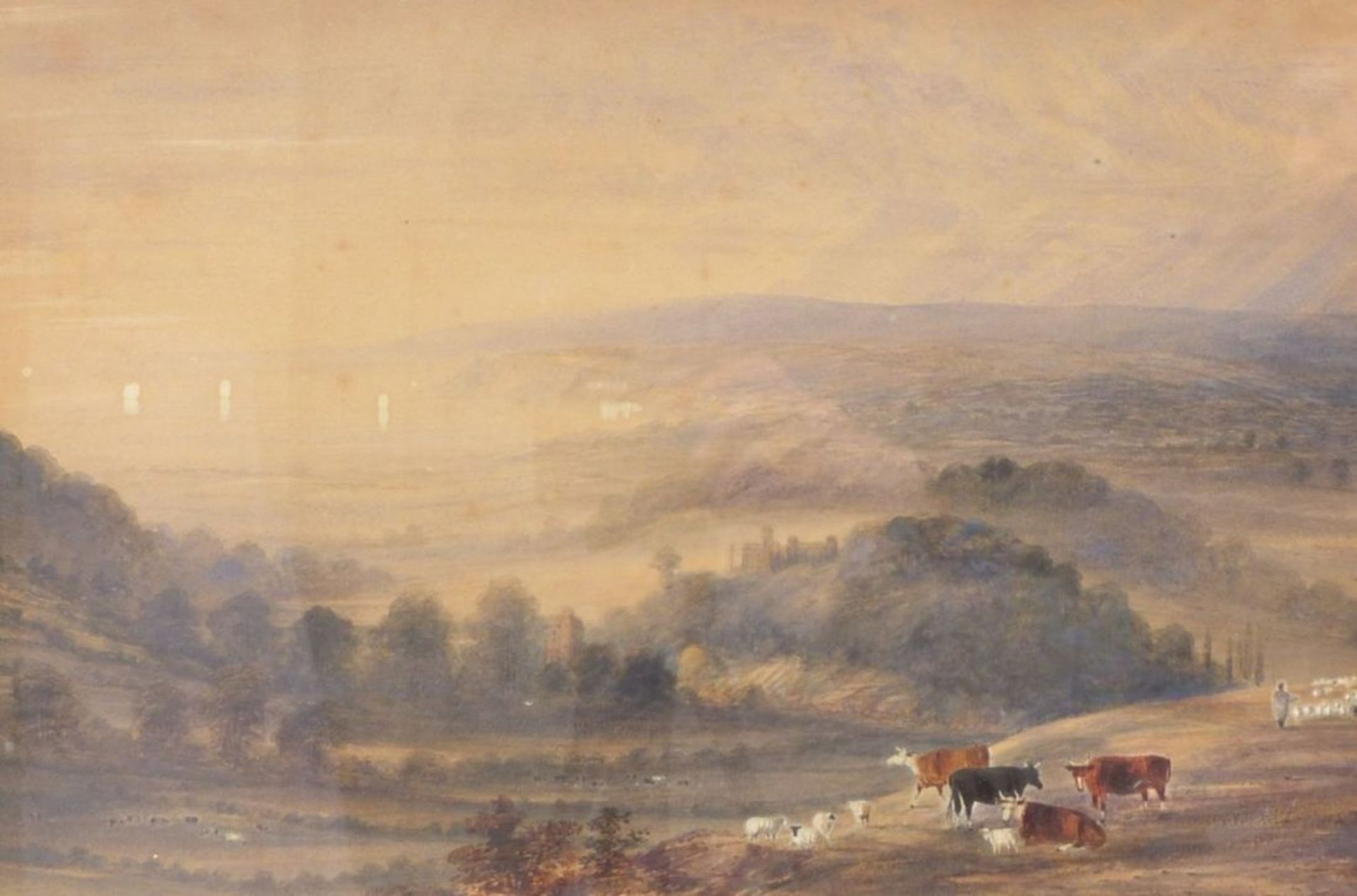 Clarke, AlfredIn hügeliger Landschaft weidende Kühe und Schafe(England 1873/74-1950) Aquarell.