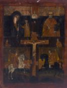 HeiligenikoneRussland, 19. Jh.Mittig Darstellung der Kreuzigung, umgeben von Gottesmutter von Kasan,