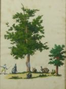 Ausschnittbild mit Hasen in baumbestandener Landschaft18. Jh.Radierung, koloriert, an den Umrissen