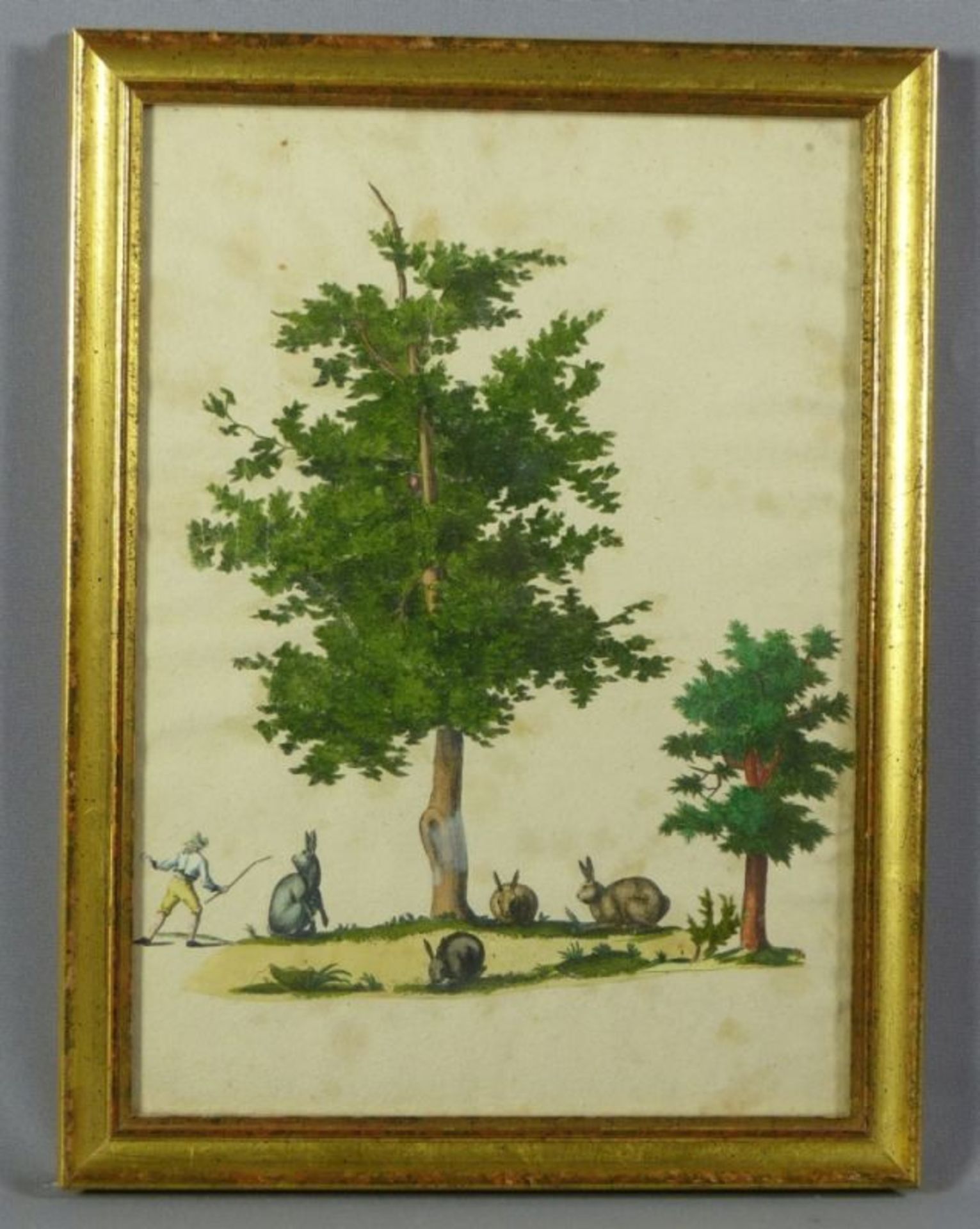 Ausschnittbild mit Hasen in baumbestandener Landschaft18. Jh.Radierung, koloriert, an den Umrissen - Bild 2 aus 2