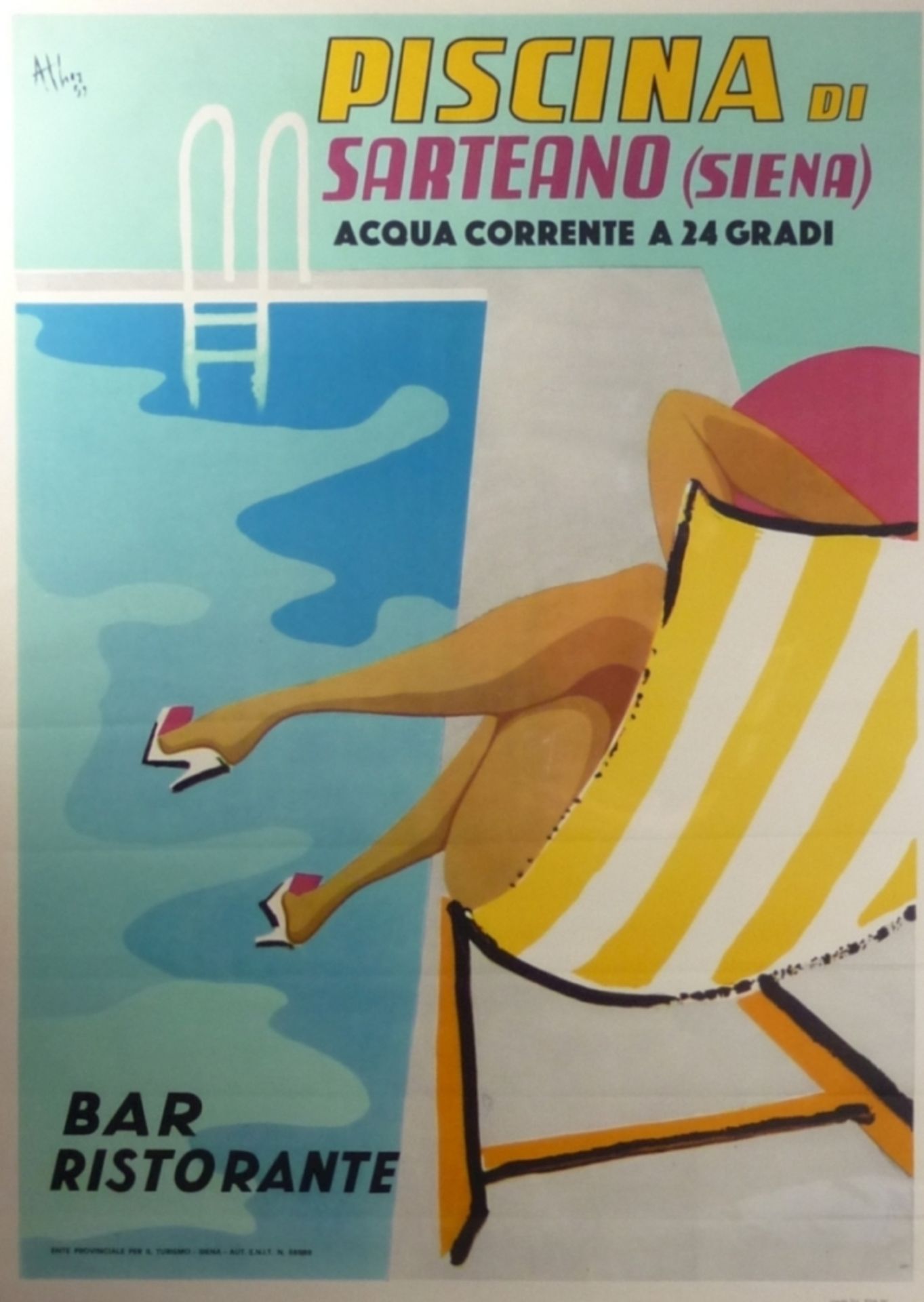Werbeposter "Piscina di Sarteano"Um 1960Rückansicht eines Liegestuhls mit einer Dame am Rand eines