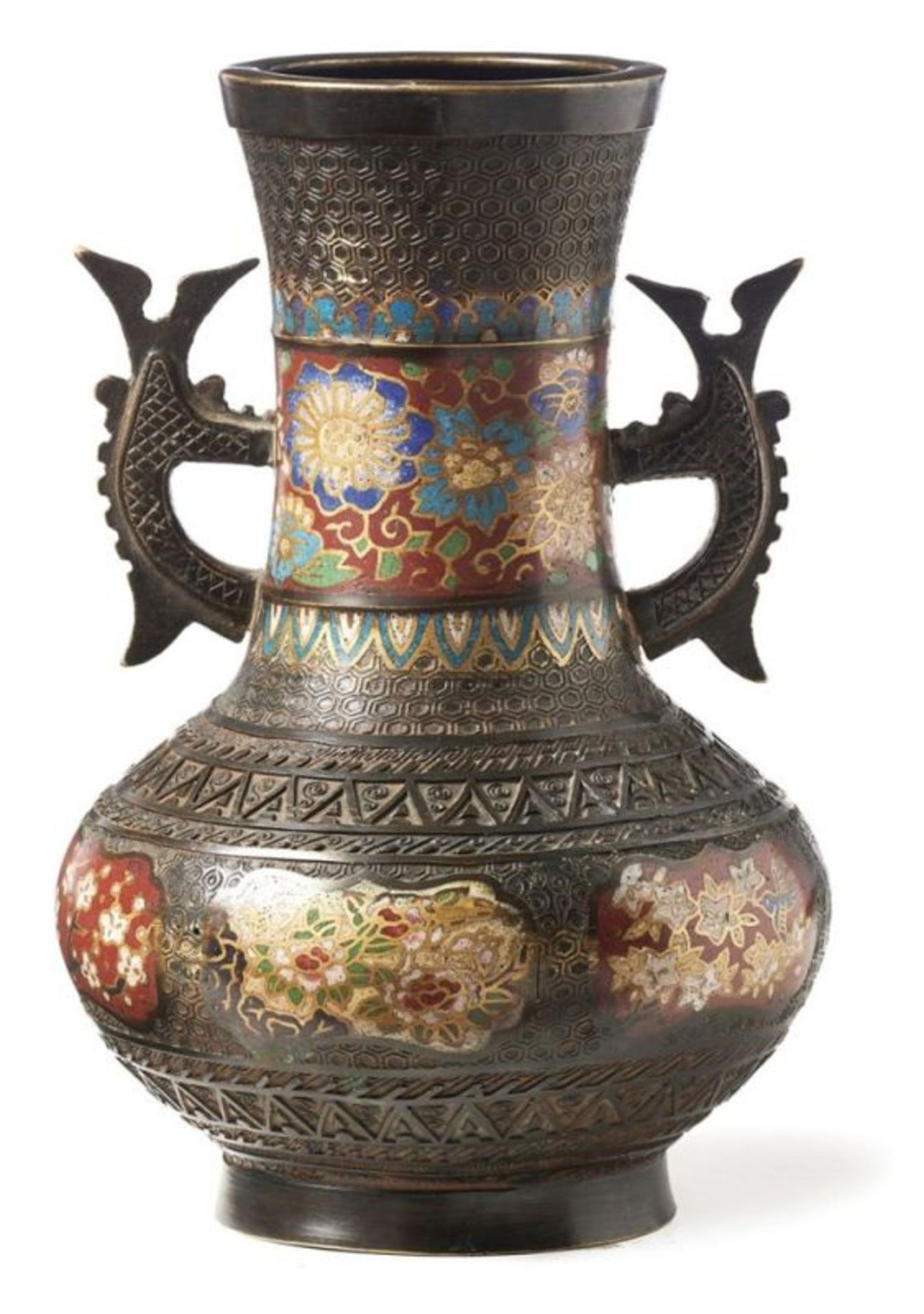 Archaisierende Vase mit BlütendekorJapan, 20. Jh.Über rundem Stand gedrückt kugelbauchiger Korpus