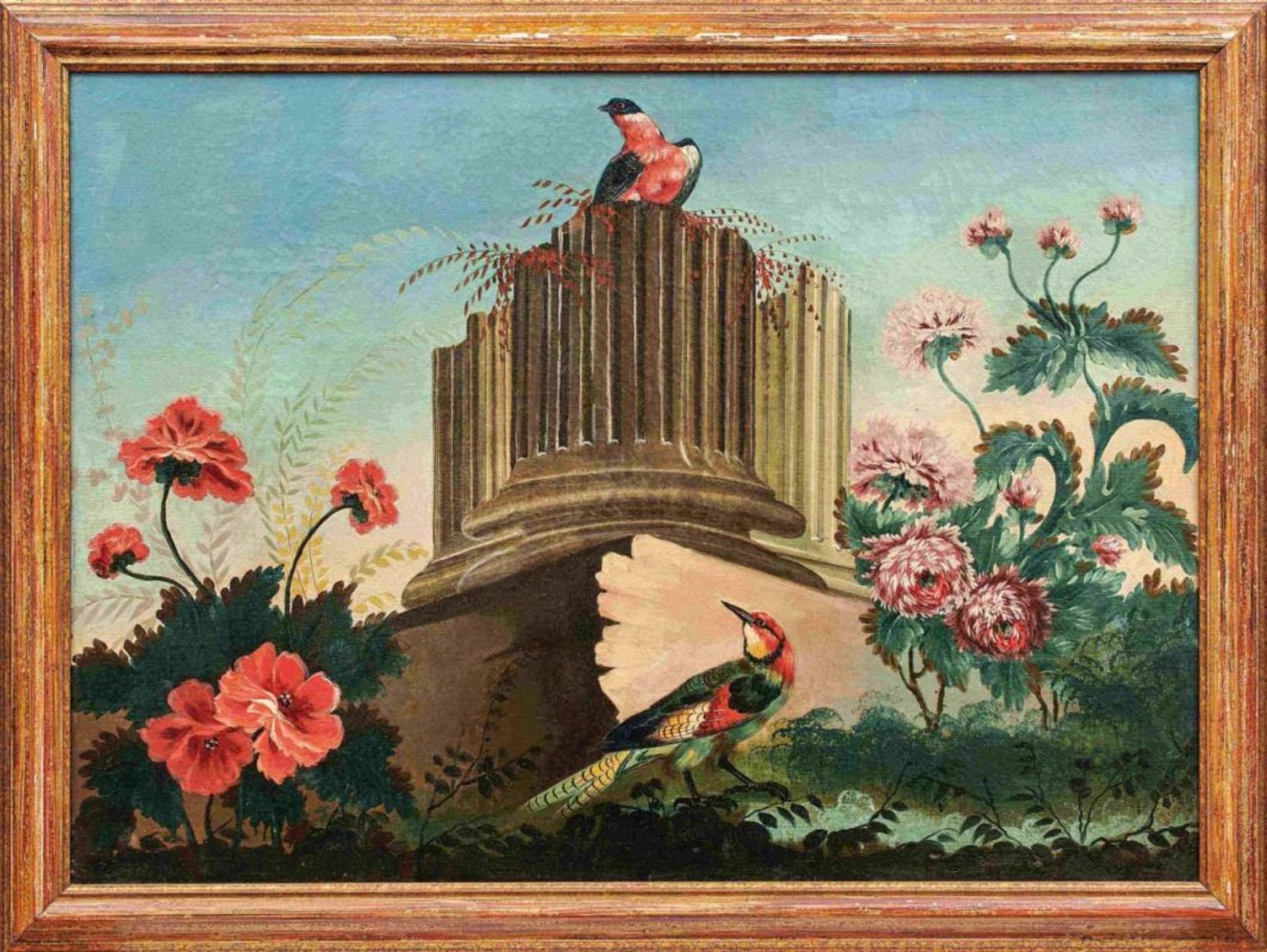 Pendants mit Singvögeln und Ruinen2. H. 18. Jh.Wiesenstück mit blühenden Wildblumen, zentral Säulen- - Bild 3 aus 5