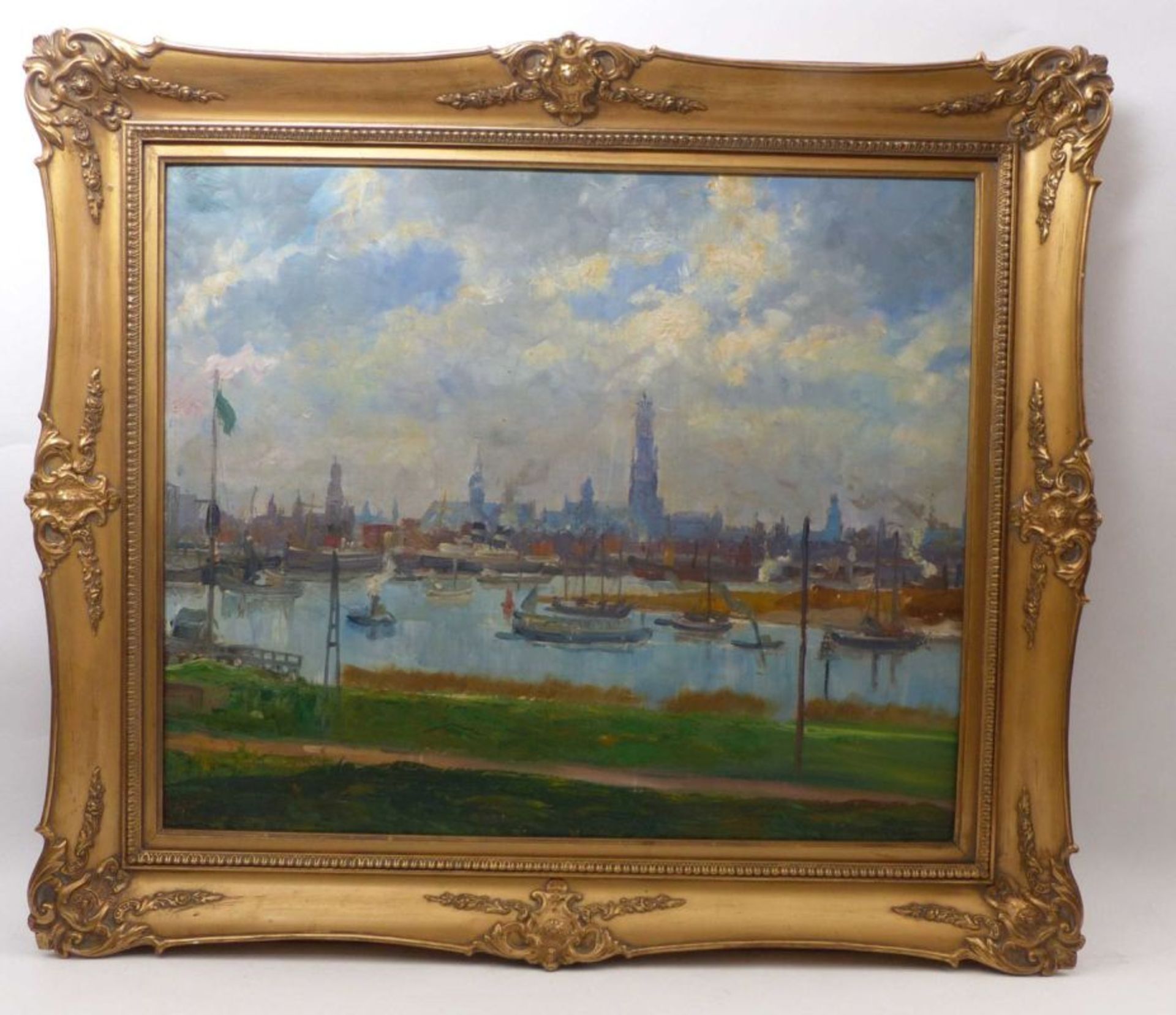 Grebestein, Ferdinand KarlDer Hafen von Antwerpen(Niederhone 1883-1974 Eschwege) Öl/Holz. Rechts - Bild 2 aus 2