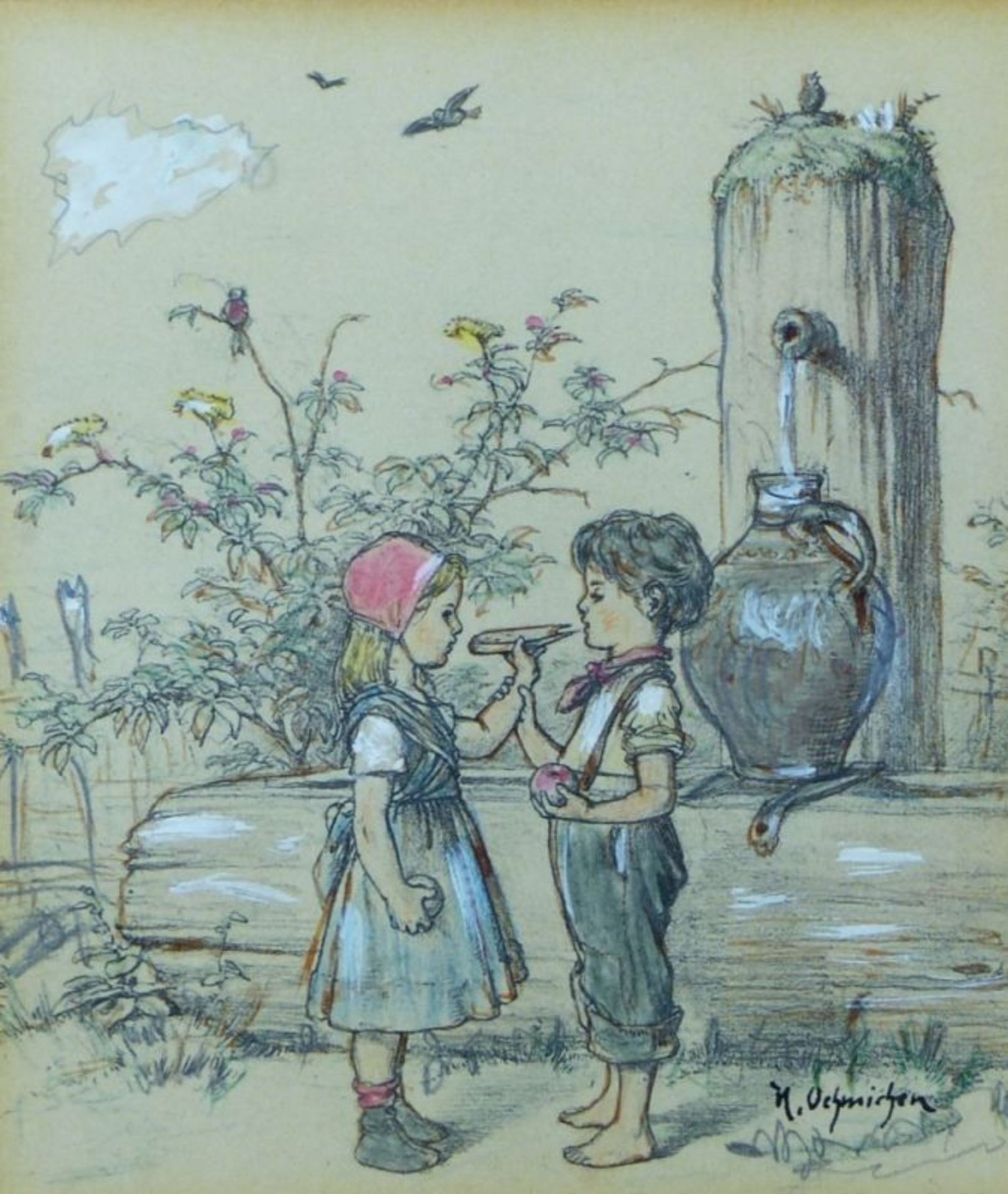 Oehmichen, HugoPendants Kinderdarstellungen(Borsdorf 1843-1932 Düsseldorf) Mädchen und Bub mit - Bild 2 aus 3