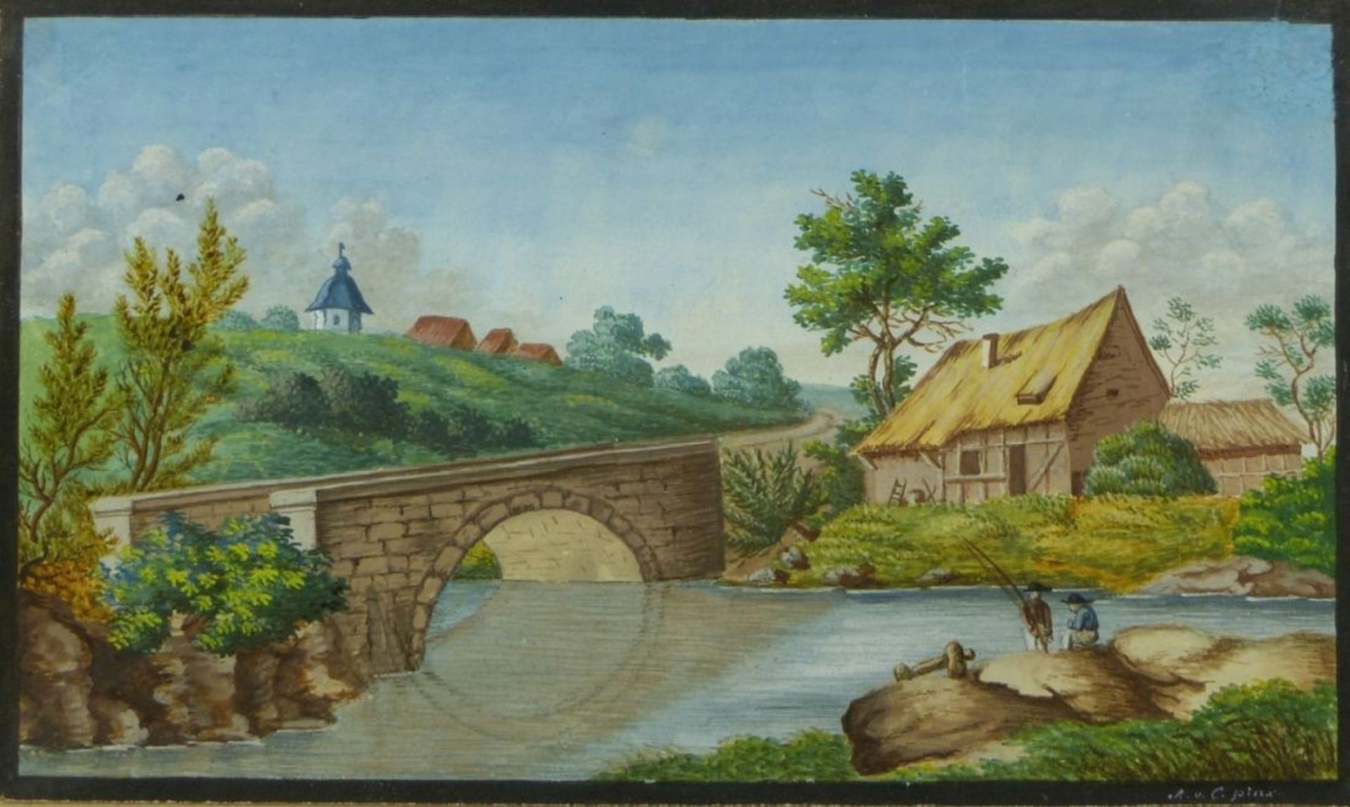 Monogrammist "A.v.C."Kleine Flusslandschaft mit AnglernUm 1800. Gouache. Rechts unten monogrammiert. - Bild 3 aus 3