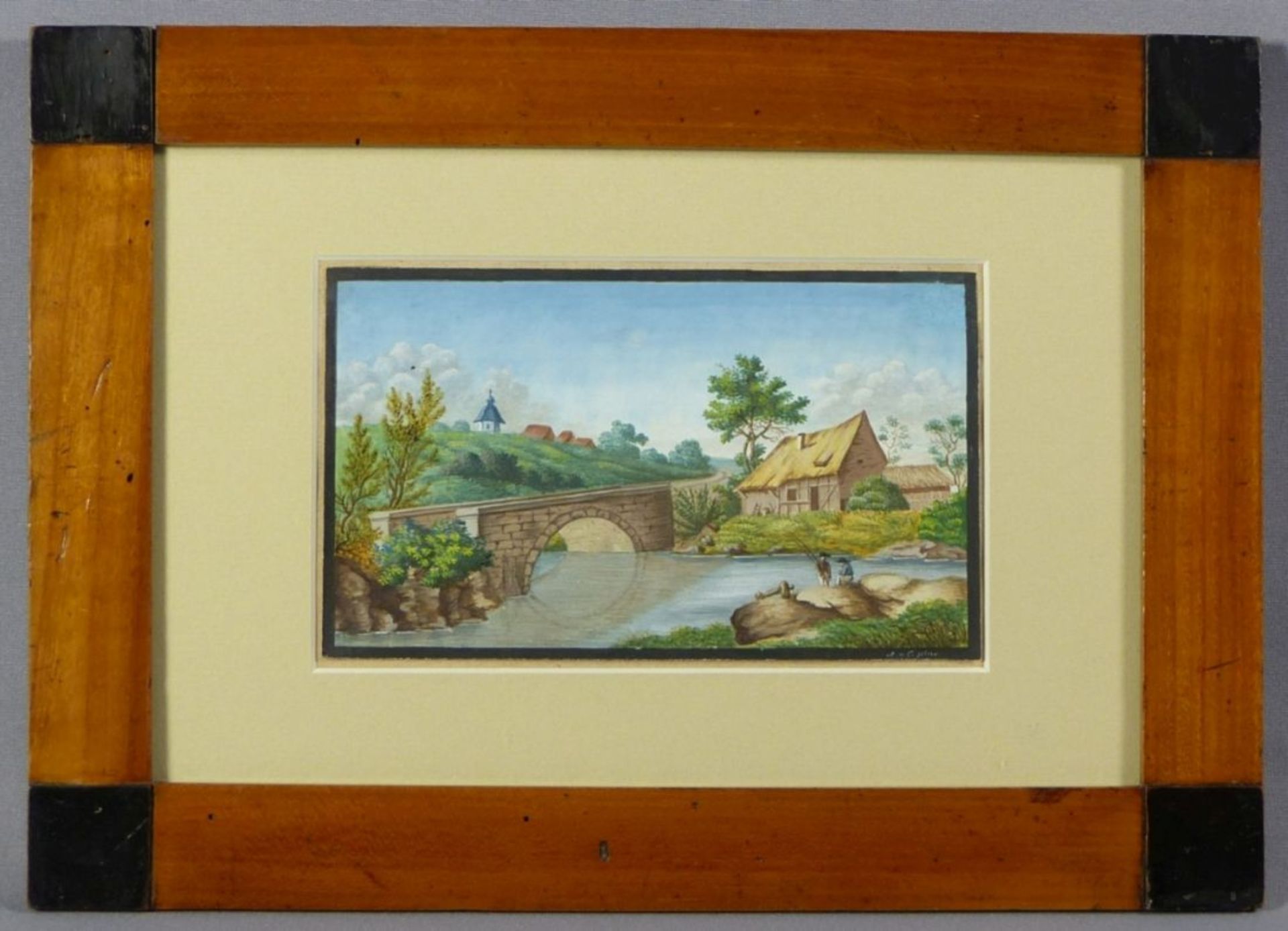 Monogrammist "A.v.C."Kleine Flusslandschaft mit AnglernUm 1800. Gouache. Rechts unten monogrammiert. - Bild 2 aus 3