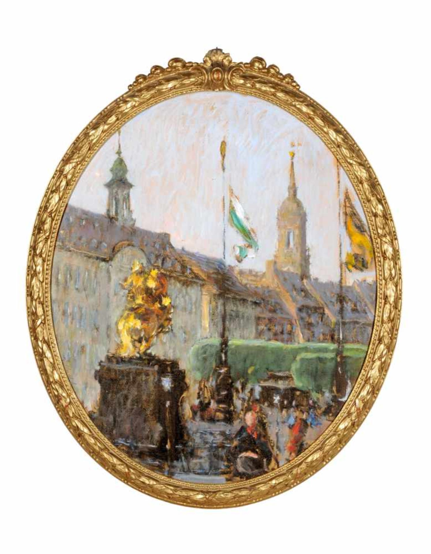 Gotthardt Kuehl, Blick auf den Dresdner Neumarkt mit Goldenem Reiter und Dreikönigskirche. Um 1908.