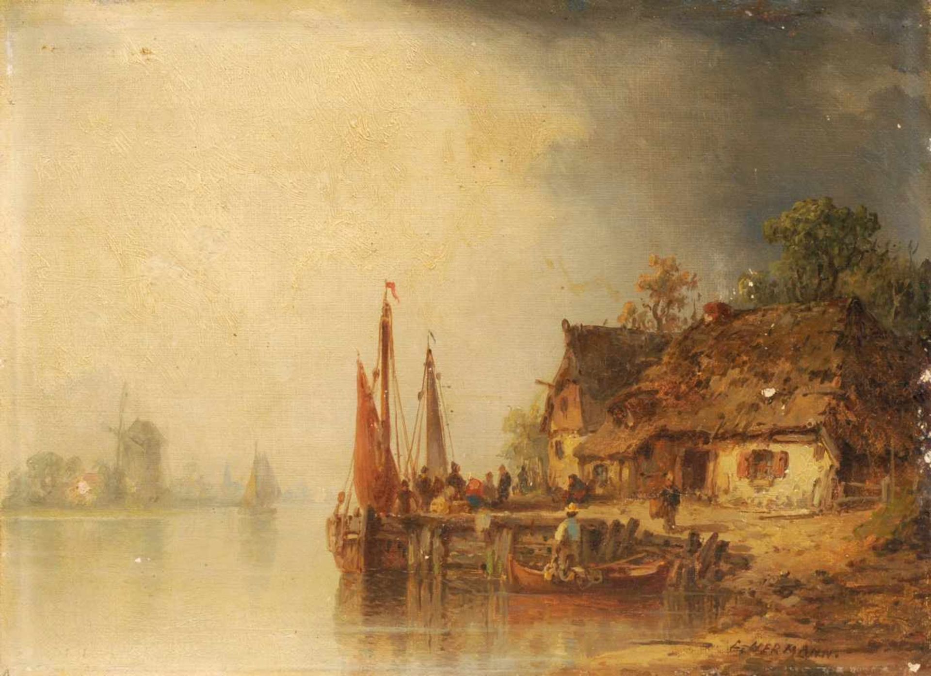 Ludwig Hermann, Niederländisches Dorf am Wasser. Wohl um 1870/ 1880.<