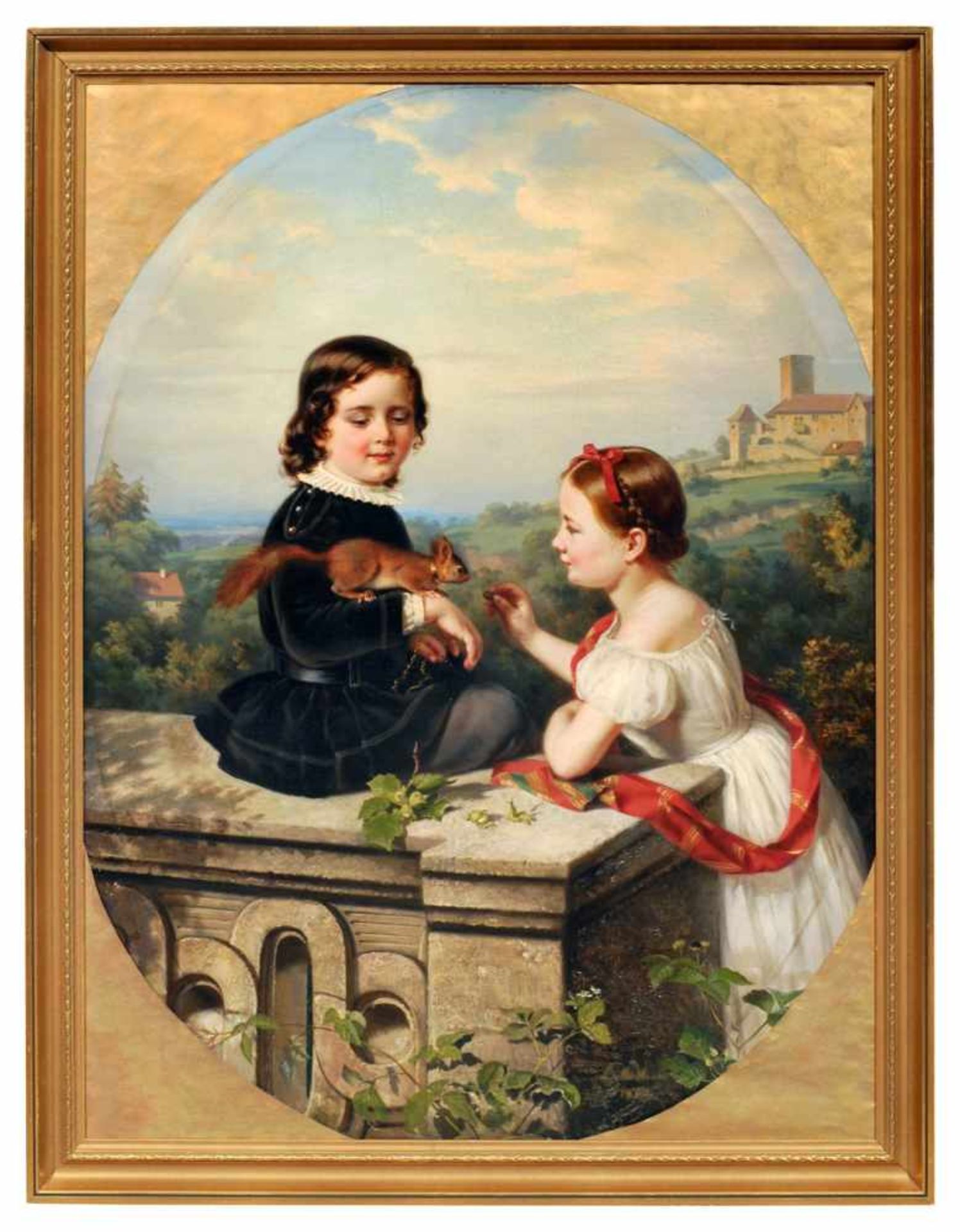 Louise Henriette von Martens, Geschwisterpaar, mit einem zahmen Eichhörnchen spielend. 1860.
